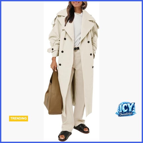 Oversized Long Trench Coat Double Breasted Windproof Polyester Blend